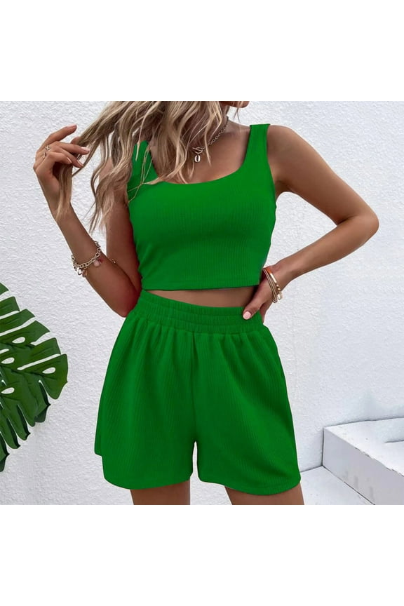 Two Piece Outfits Women Summer Shorts Sets 2 Piece Sleeveless Matching Crop Top and High Waisted Shorts for Women Lap for Women Cute Swimming Suits Cute Summer Clothes for Juniors Ladies
