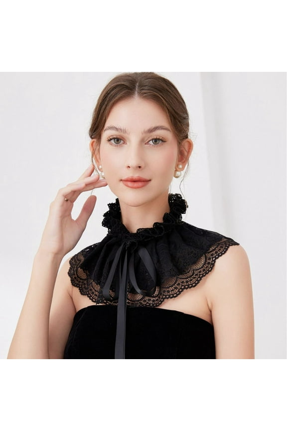 Vintage Ruffled Lace Neck Collar French Elegant Double Layer Lace Shawl Stand up Collar Women Bodysuit Womens Colla Dress Shirt Collarless Button Shirts for Women Half Blouse Turtle Neck