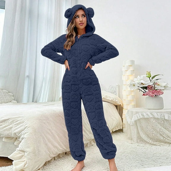 Hauaitttt Warm Coral Women Hooded Long Sleeve Jumpsuit for Fall and Winter Cozy Pajama Home Wear Rompers Jumpsuits for Women Turtlenecks for Women Long Sleeve Zip up Turtleneck Women Womens Jumpsuit
