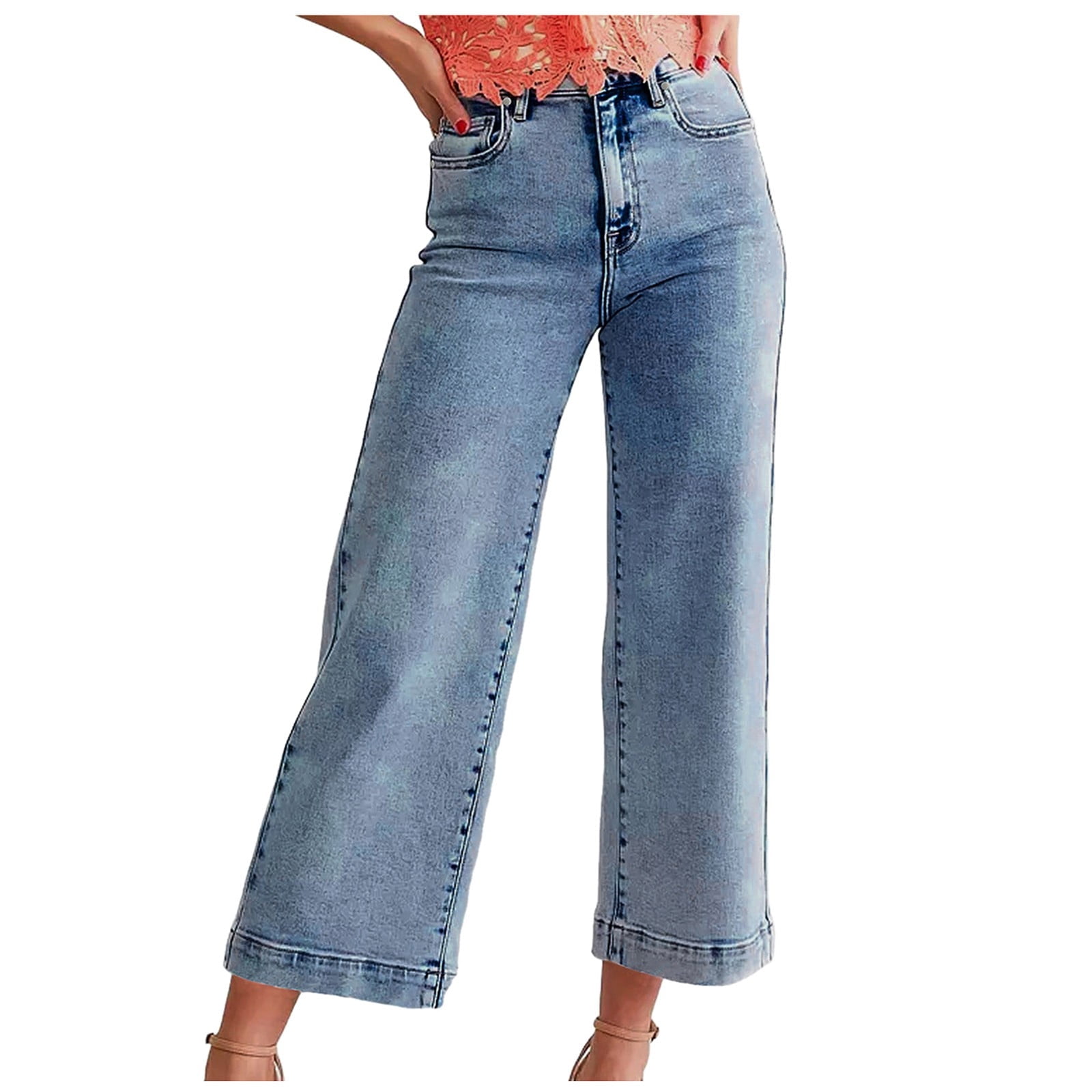 Wide Leg Jeans For Women UK Pull On High Waisted Stretchy Baggy Trendy Tummy Control Straight Leg Jeans Denim Pants With Multiple Pockets Blue L