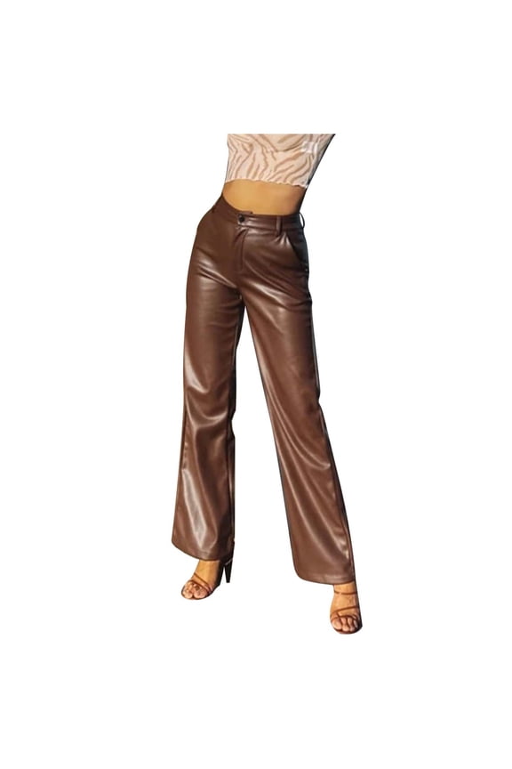 and Winter Fashionable Women Leather PU Wide Leg Flared Black Leather Pants with Button Pockets Leather Jean Pants Leather Apparel Leather Lace up Pants for Women Muscles Catsuit Trouser