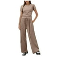 thumbnail image 1 of Hauaitttt Women 2 Piece Casual Suit Pleated Short Sleeve Top and High Waisted Wide Leg Pants Tracksuit Set Junior Swimsuits Board Shorts Swim Short Suits for Women Cute Summer Clothes for Juniors, 1 of 4