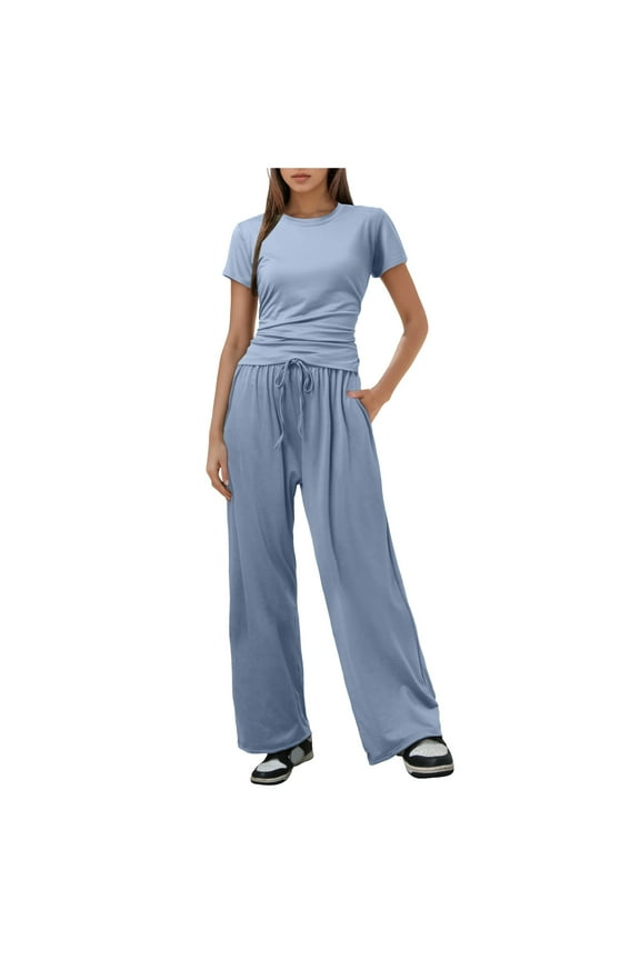 Women 2 Piece Casual Suit Pleated Short Sleeve Top and High Waisted Wide Leg Pants Tracksuit Set Junior Swimsuits Board Shorts Swim Short Suits for Women Cute Summer Clothes for Juniors
