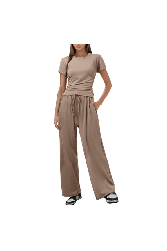 Women 2 Piece Casual Suit Pleated Short Sleeve Top and High Waisted Wide Leg Pants Tracksuit Set Junior Swimsuits Board Shorts Swim Short Suits for Women Cute Summer Clothes for Juniors