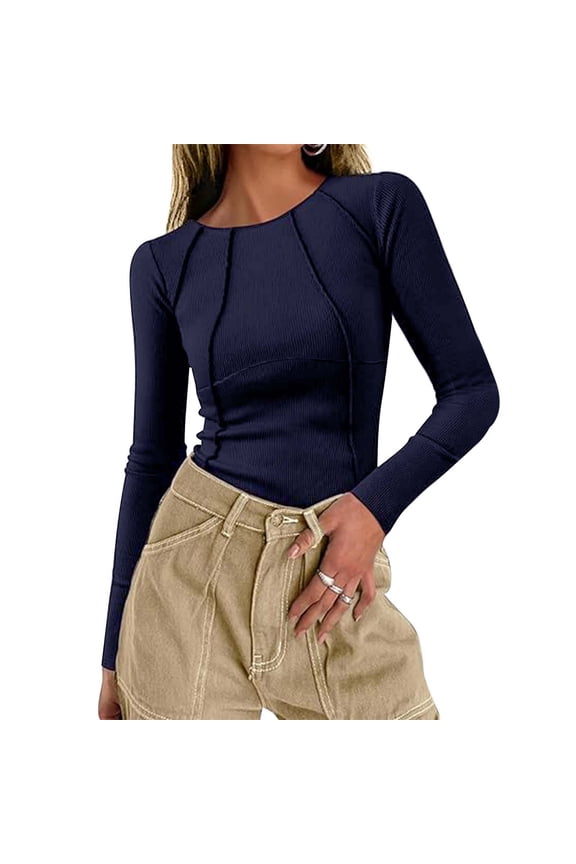 Women Autumn Long Sleeved Ribbed Knit Casual Round Neck Slim Fit Seam Basic T Shirt Top Long Sleeve Layering T Long Sleeves Long Sleeve T Shirts for Women Shirt Women Women Short Sleeve