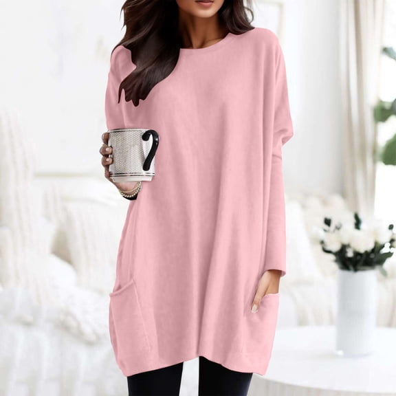 Hauaitttt Women Autumn and Winter Casual Fashion Round Neck Long Sleeve Long T Shirt Top Pocket Puff Sleeve Print Top Tees Tops for Women Fall Tees for Women Women's Long Sleeve Shirts Loose Casual T