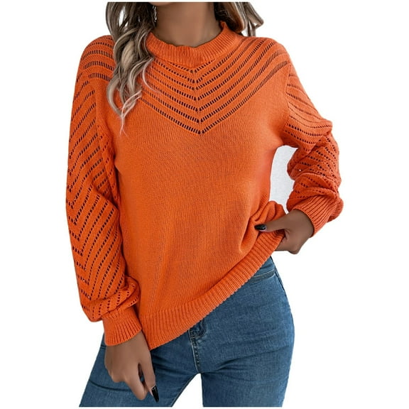 Hauaitttt Women Autumn and Winter Casual Solid Color Round Neck Hollow Out Sleeve Sweater Ladies Sweatshirts without Hoods Womens Petite Sweaters Mens Sweaters Fashion Wild One Mild One Sweatshirt