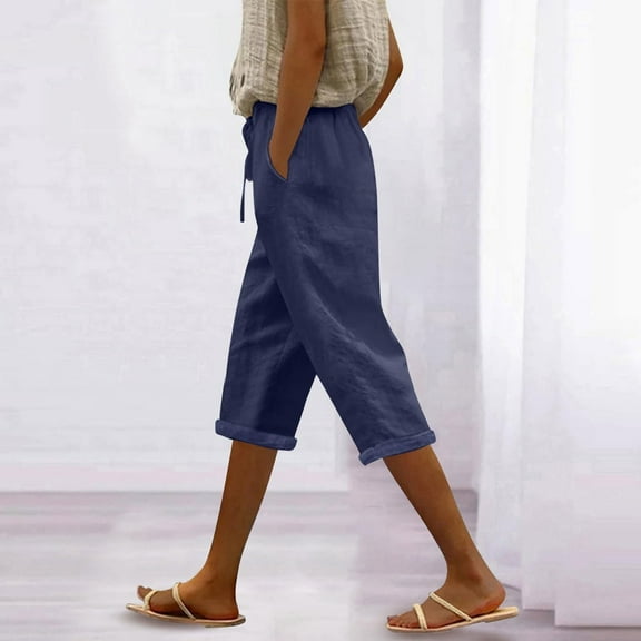 Hauaitttt Women Capri Pants High Waist Drawstring Pants Comfortable Soft Trousers Holiday Wear Beach Casual Pants Track Gear for Women Drawstring Casual Pants Women Womens Flax Pants Business Casual