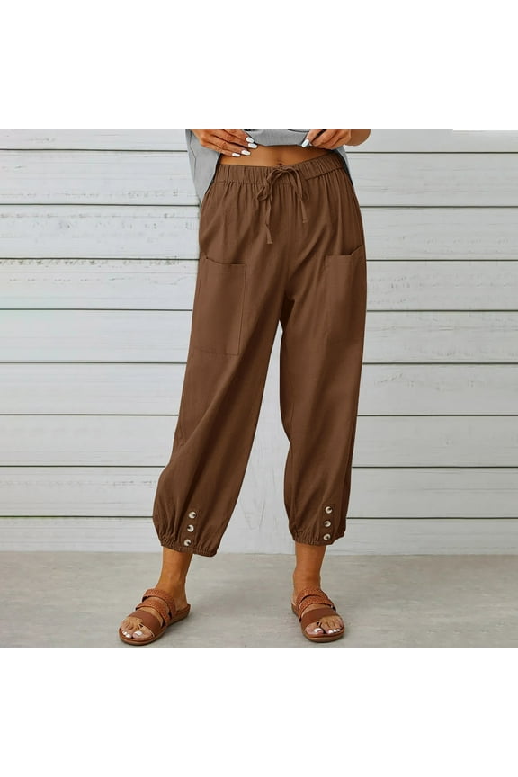 Women Casual High Waist Pants Drawstring Capri Pants with Pockets Wide Leg Cropped Pants Woman Sweat Pants Womens Business Casual Pants Elastic Waist Flare Legging Elastic Pants for Women