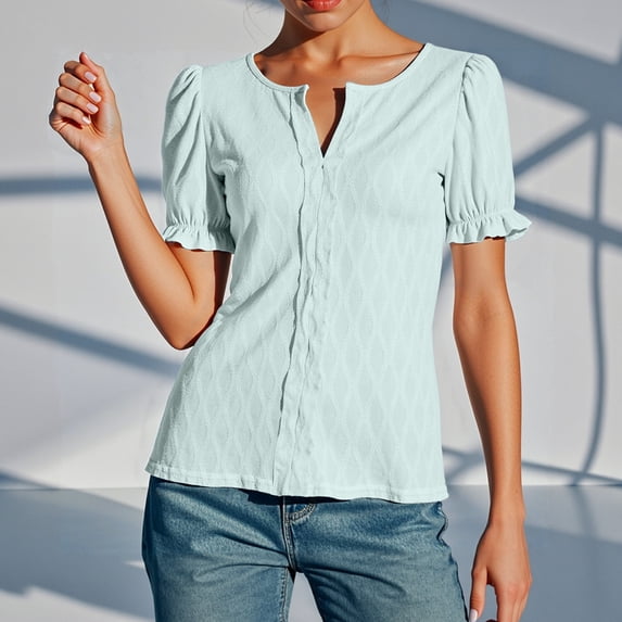 Hauaitttt Women Casual Loose Fit Short Sleeve T Shirt with Puff Sleeves and Jacquard Design for Spring Summer Fall Everyday Wear Vacation Womens T Shirts for Summer Long Sleeve Shirt Women for