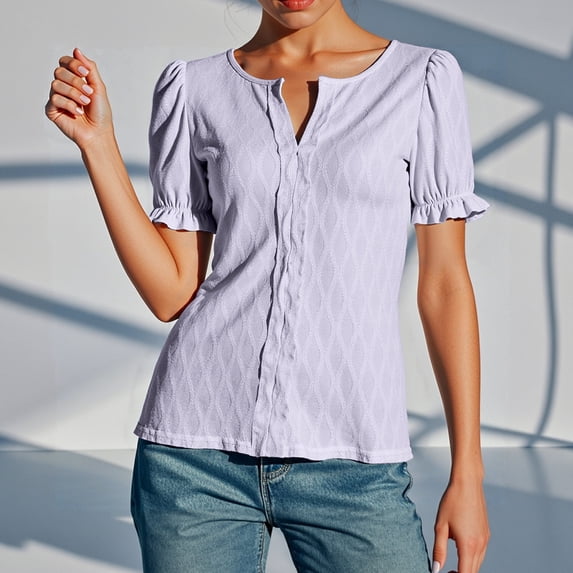 Hauaitttt Women Casual Loose Fit Short Sleeve T Shirt with Puff Sleeves and Jacquard Design for Spring Summer Fall Everyday Wear Vacation Womens T Shirts for Summer Long Sleeve Shirt Women for