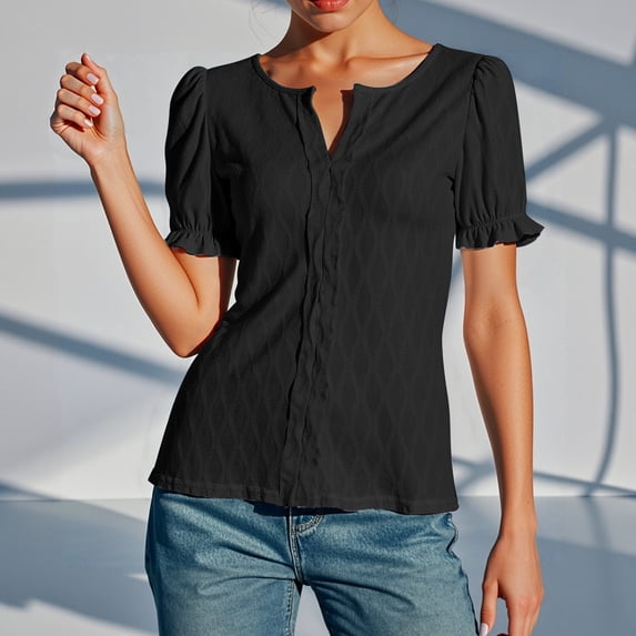 Hauaitttt Women Casual Loose Fit Short Sleeve T Shirt with Puff Sleeves and Jacquard Design for Spring Summer Fall Everyday Wear Vacation Womens T Shirts for Summer Long Sleeve Shirt Women for