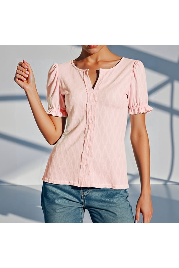 Women Casual Loose Fit Short Sleeve T Shirt with Puff Sleeves and Jacquard Design for Spring Summer Fall Everyday Wear Vacation Women Loose Tops Summer T Pack Shirt for Juniors Women s