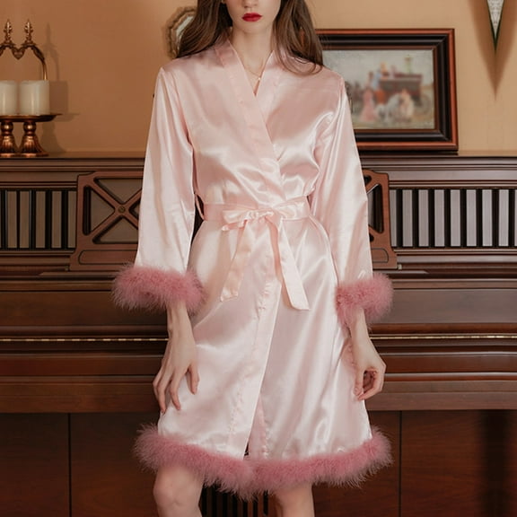 Hauaitttt Women Casual Pajama Coat Cute Elegant Top Long Sleeve V Neck Solid Color Pajamas Wear Men Bathrobe Towel Women Bath Robe Dressing Gowns for Women Petite Long Women Robe with Pockets Long