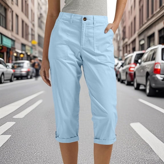 Hauaitttt Women Casual Pants Straight Leg Cropped Trousers with Pockets and Buttons for Daily Vacation Comfortable Spring Summer Fall Elastic Pants for Women Casual Women Pants Work Shorts for Women