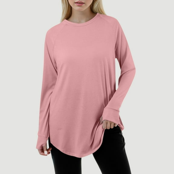 Hauaitttt Women Casual Solid Color Loose Round Neck Long Sleeve Thumb T Shirt Pullover T Shirt Dark Tee Shirt Sleeve T Short Sleeve Scrub Jackets T Shirts Long Sleeve Women Solid Color Tops for