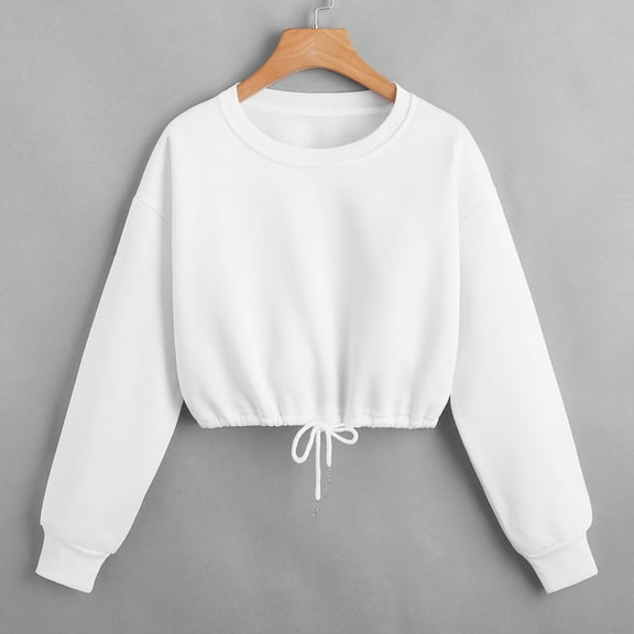 Hauaitttt Women Casual Solid Round Neck Long Sleeve Crop Top Sweatshirt Loose Strap Top Bunny Zip up Ladies Sweatshirt Tops Yoga Jacket Women Zip up Funnel Neck Sweatshirts Women Graphic Sweatshirt