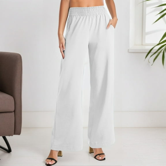 Hauaitttt Women Casual Trousers for Everyday and Vacation Straight Leg Design with Side Pockets for All Seasons Basic Solid Color Pants Womens Elastic Belted High Waist Casual Loose Long Pants with