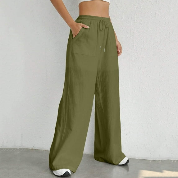 Hauaitttt Women Drawstring Waist Wide Leg Pants High Waisted Wide Leg Pants Fashion Drawstring Elastic Trousers Comfy Straight Leg Long Pants with Pockets Sweatpants Women Athletic Maternity Women