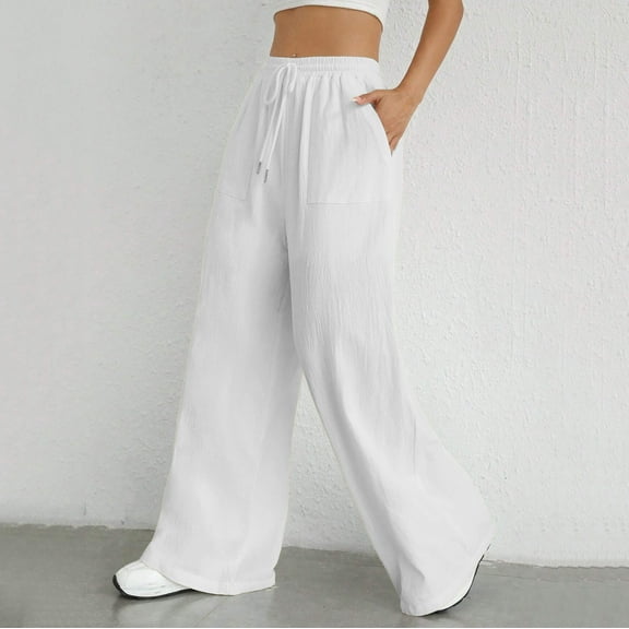Hauaitttt Women Drawstring Waist Wide Leg Pants High Waisted Wide Leg Pants Fashion Drawstring Elastic Trousers Comfy Straight Leg Long Pants with Pockets Sweatpants Women Athletic Maternity Women