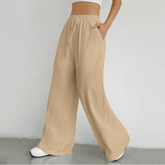 Hauaitttt Women Drawstring Waist Wide Leg Pants High Waisted Wide Leg Pants Fashion Drawstring Elastic Trousers Comfy Straight Leg Long Pants with Pockets Sweatpants Women Athletic Maternity Women