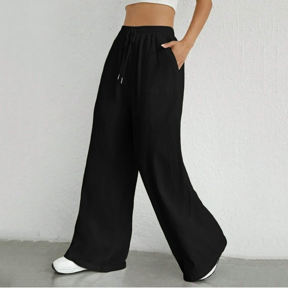 Hauaitttt Women Drawstring Waist Wide Leg Pants High Waisted Wide Leg Pants Fashion Drawstring Elastic Trousers Comfy Straight Leg Long Pants with Pockets Women Casual Loose Long Bib Pants Wide Leg
