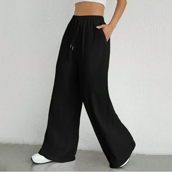 Hauaitttt Women Drawstring Waist Wide Leg Pants High Waisted Wide Leg Pants Fashion Drawstring Elastic Trousers Comfy Straight Leg Long Pants with Pockets Sweatpants Women Athletic Maternity Women