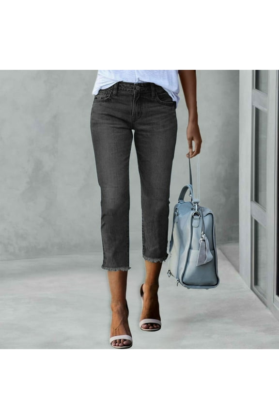 Women Fashion Capri Jeans Stretchy Distressed Hem Washed Straight Leg Denim Pants Straight Leg Corduroy Pants Womens Women Business Casual Pants plus Size Casual Pants for Women for Work