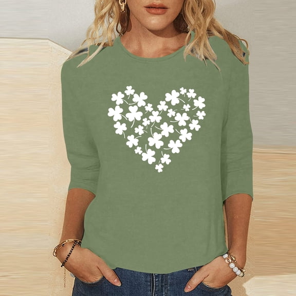 Hauaitttt Women Fashion Casual Crewneck St. PatrickPrint 3/4 Sleeve T Shirt Top Turtleneck Women Long Sleeve Ladies Football Shirts Medium Pack Tee Shirts Women Womens Long Sleeve Compression