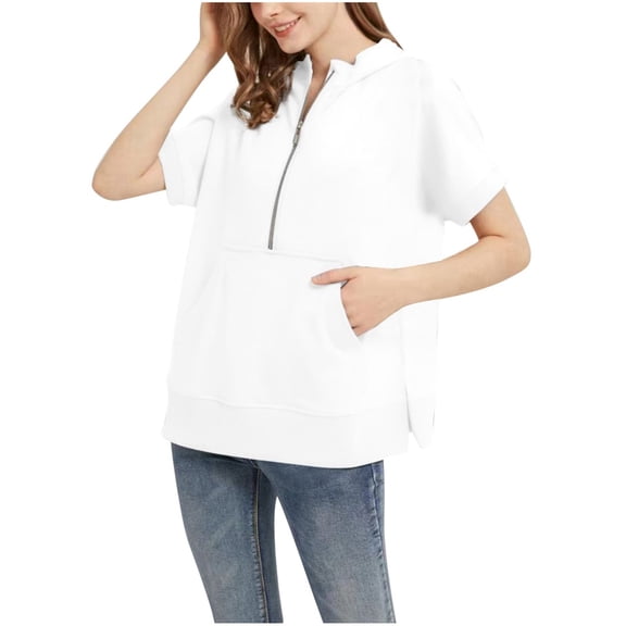 Hauaitttt Women Fashion Casual Solid Color Casual Short Sleeved Hoodie Top All Sweatshirt plus Size French Tunic Sweatshirts for Women with Hoodie Thin Hoodie Women Woman Hoodie Knitted Hoodies