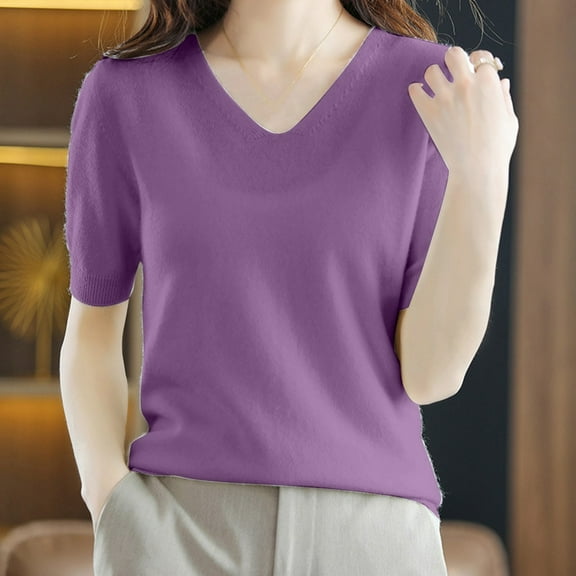 Hauaitttt Women Fashion Five Quarter Sleeve Bottom Knit V Neck Pullover Sweater Loose Half Sleeve Top Mid Sleeve Sweater Ling Sleeve Women Knit Pullover Sweater Mens Sweater Button Front Dress