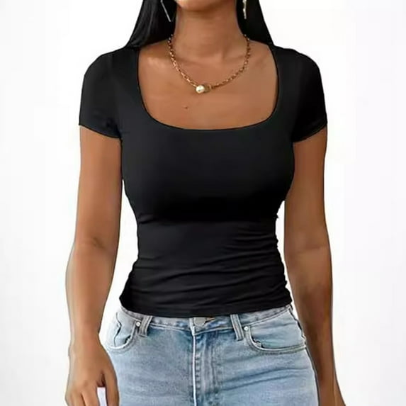 Hauaitttt Women Fashion Slim U Neck T Shirt Fashion Casual Solid Color Short Sleeved T Shirt Active Loose Tops Women Wide Stripe Shirt Women Summer Womens Work Shirt Short Sleeve Workout Tops for