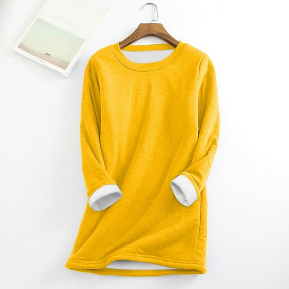 Hauaitttt Women Fashion Solid Crew Neck Casual Plus Long Sleeve Hoodie Top Long Underwear Thick Thermals for Men Womens Thermals Top and Bottom Set plus Size Thermal Tops for Women Long Sleeve plus