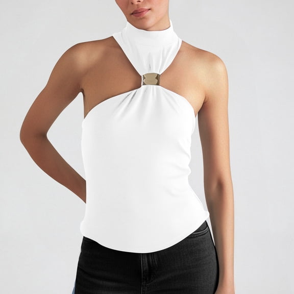 Hauaitttt Women Fashion Tops Casual Sleeveless High Neck Tank Top with Metal Ring Detail for Daily Wear Vacation Spring Summer Fall 3x Blouses Women Camisole Stretchy Workout Tops for Women Athletic