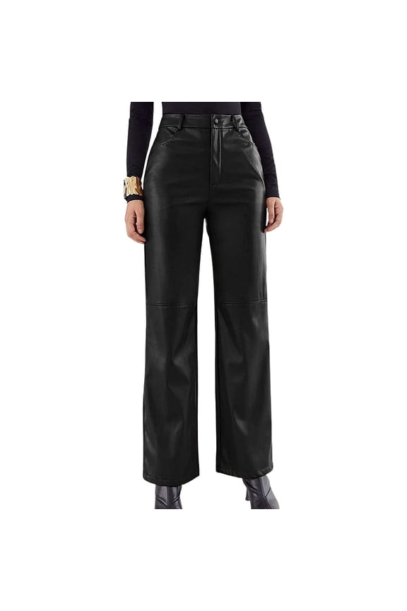 Women Leather Pants Solid Color Pockets High Waist Straight Wide Leg Leggings Slim Fit Trousers Vintage Pants Womens Fall Pants Casual Womens Petite Pants Casual Women Sweatpants Women s