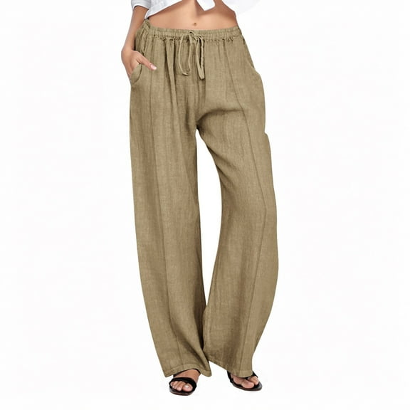 Hauaitttt Women Linen Casual Pants Summer Wide Leg Loose Drawstring High Waist Wide Leg Pants with Pockets Women Casual Pants plus Size Stretchy Pants for Women Casual Women's Casual Pants for Work