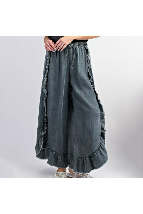 Women Long Pants Jeans Flared Elastic Waist Wide Leg Pants Brushed Linen Jeans Flowing Pleated Pants Casual Womens Pants with Pockets Petite Short Pants for Women Cropped Pants for Women