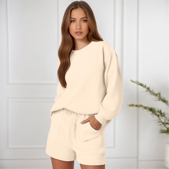 Hauaitttt Women Long Sleeve Shorts Solid Color Casual Round Neck Loose Fit Pocket Drawstring Set Petite Swim Shorts Cage Bra Swimsuit Girls Bathing Suit Skirt Bottom Swimsuits for Women Board Shorts