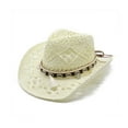 thumbnail image 1 of Hauaitttt Women Men Summer Western Cowboy Hat Shapeable Straw Hat Hollowed Out Sun Hat Large Visors for Women Womens Visor Roofing Hats Bags Beach for Women Women Hat Stylish Hat Drawstring Vacation, 1 of 3
