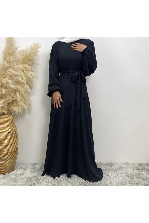 Women Middle Dubai Loose Solid Color Round Neck Belt Splicing Zipper Big Swing Dress Monk Robes for Men Traditional Dresses for Women Kimono Long Sleeve Dress Praying Clothes for Women