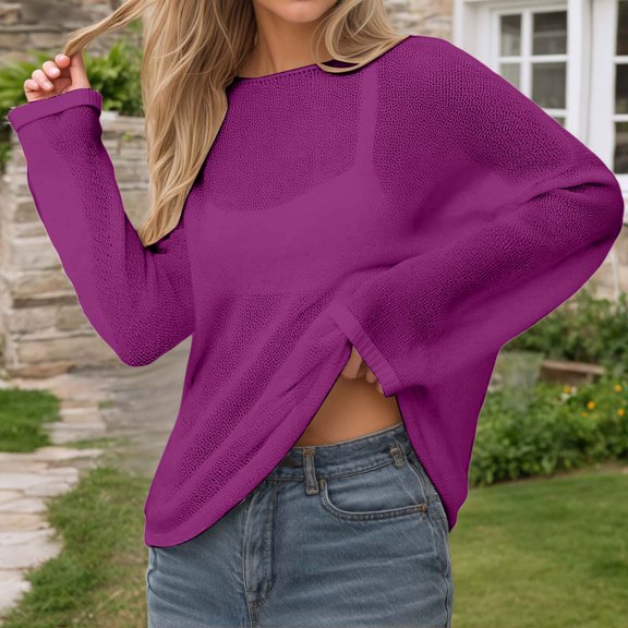 Hauaitttt Women Oversized Long Sleeve Mesh Loose Fit T Shirt Breathable See Through Blouse Top for Casual Vacation Womens Neck Long Sleeve Thermal Shirts Polyester Womens Shirt Pack Womens Long