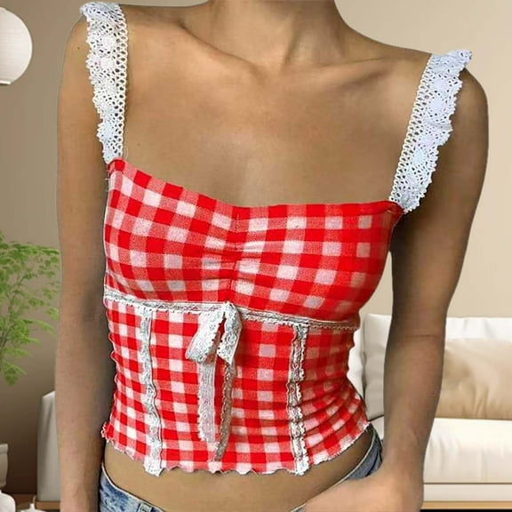 Hauaitttt Women Plaid Crop Top Square Neck Lace Trim Gingham Tank Top Spaghetti Strap Shirt Going Out Corset Tops Camisoles Women 3xl Tops Pajamas Women Alien Top Women Running Tops for Women 2x