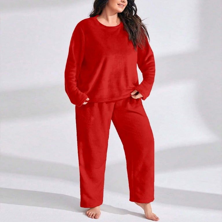 Hauaitttt Women Plus Size Flannel Pajama Set Thickened Warm Coral