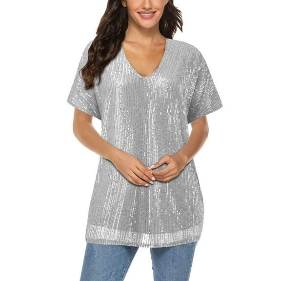 Hauaitttt Women Plus Size Sparkly Sequin Blingbling V Neck Short Sleeve Loose Top Tee Shirt Was Out Long Sleeve Shirt for Women Casual Summer Long Sleeved Shirts Womens Ladies Athletic Wear Shirt for