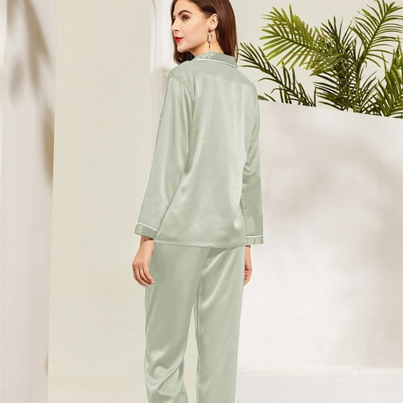 Hauaitttt Women Satin Solid Long Sleeve Pajama Set Comfort Loungewear Womens Pajamas Set Silk Pajama Set Pajamas for Tall Women Lightweight Pajamas for Women Maternity Sweatsuit Pajamas for Women