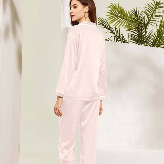 Hauaitttt Women Satin Solid Long Sleeve Pajama Set Comfort Loungewear Womens Pajamas Set Silk Pajama Set Pajamas for Tall Women Lightweight Pajamas for Women Maternity Sweatsuit Pajamas for Women