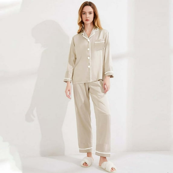Hauaitttt Women Satin Solid Long Sleeve Pajama Set Comfort Loungewear Womens Pajamas Set Silk Pajama Set Pajamas for Tall Women Lightweight Pajamas for Women Maternity Sweatsuit Pajamas for Women