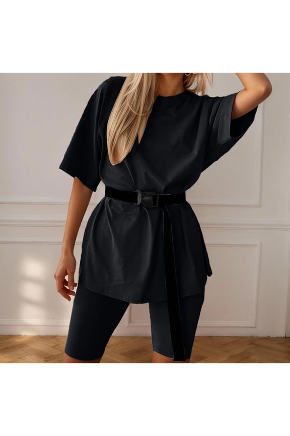 Women Shirt Trousers Two Piece Set with Belt Home Loose Sports Casual Suit Bathing Suits Shorts for Women Compression Shorts for Swimming Synchronized Swimming Swimsuit Swimsuit Cups for