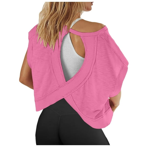 Hauaitttt Women Short Sleeve Workout Shirts Open Back Tops Casual Yoga Athletic Gym Slouchy Crop Running Tees Turtle Neck Ladies Womens Solid Tee Shirts Womens Tee T Shirt Women Summer T Shirt Women