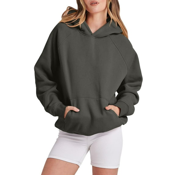 Hauaitttt Women Solid Basic Letter Loose Hoodie Sweatshirt Long Sleeve Pocket Drop Shoulder Pullovers Top Woman Hoodie over Hoodies for Women Women's Athletic Hoodies Hoodie Dress Zipper Side Zip
